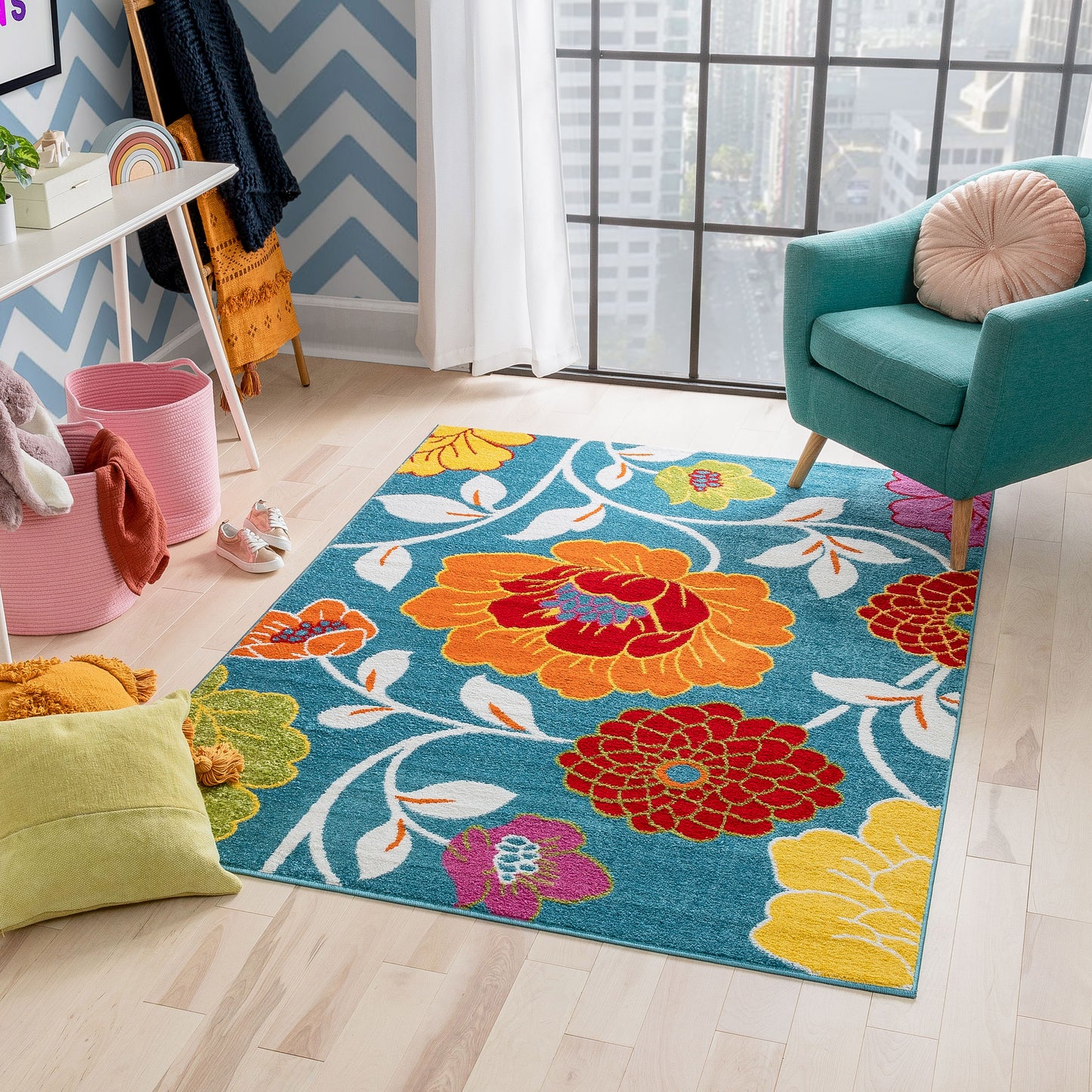 Starbright Daisy Flowers Blue Kids Rug 0926
