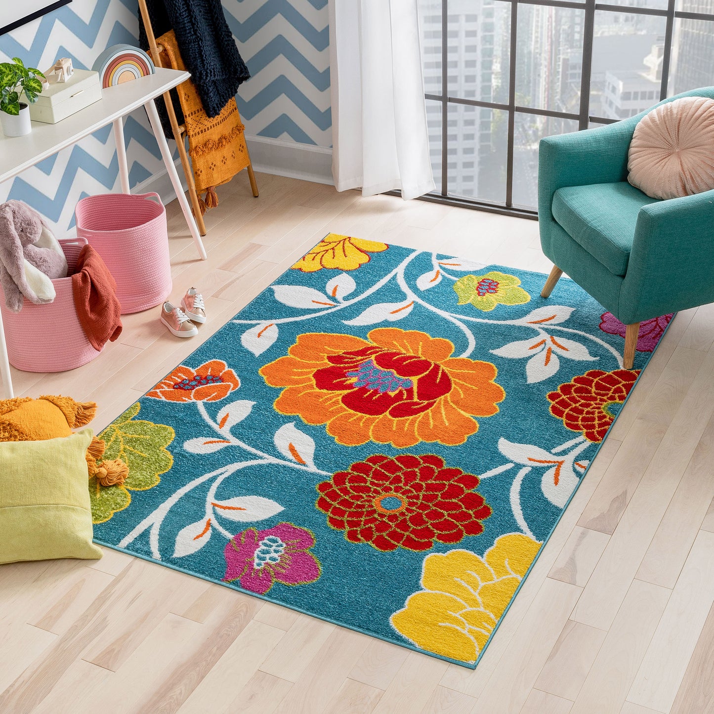 Starbright Daisy Flowers Blue Kids Rug 0926