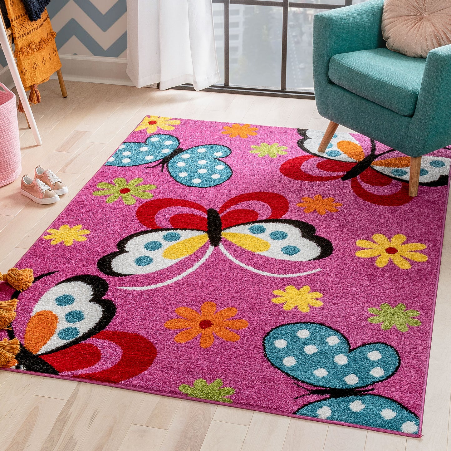 Starbright Daisy Butterflies Pink Kids Rug 0930