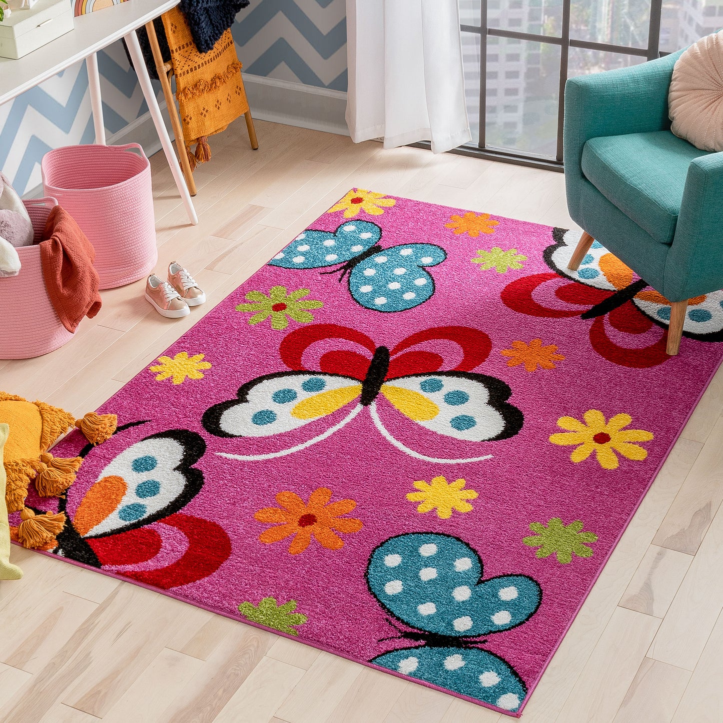 Starbright Daisy Butterflies Pink Kids Rug 0930