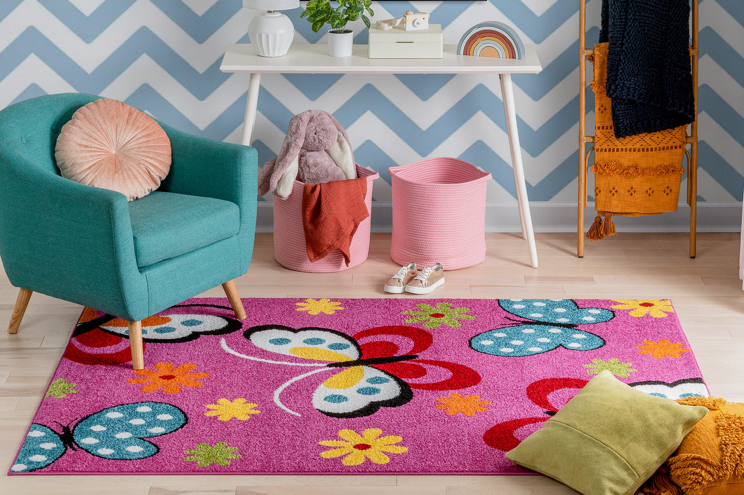 Starbright Daisy Butterflies Pink Kids Rug 0930