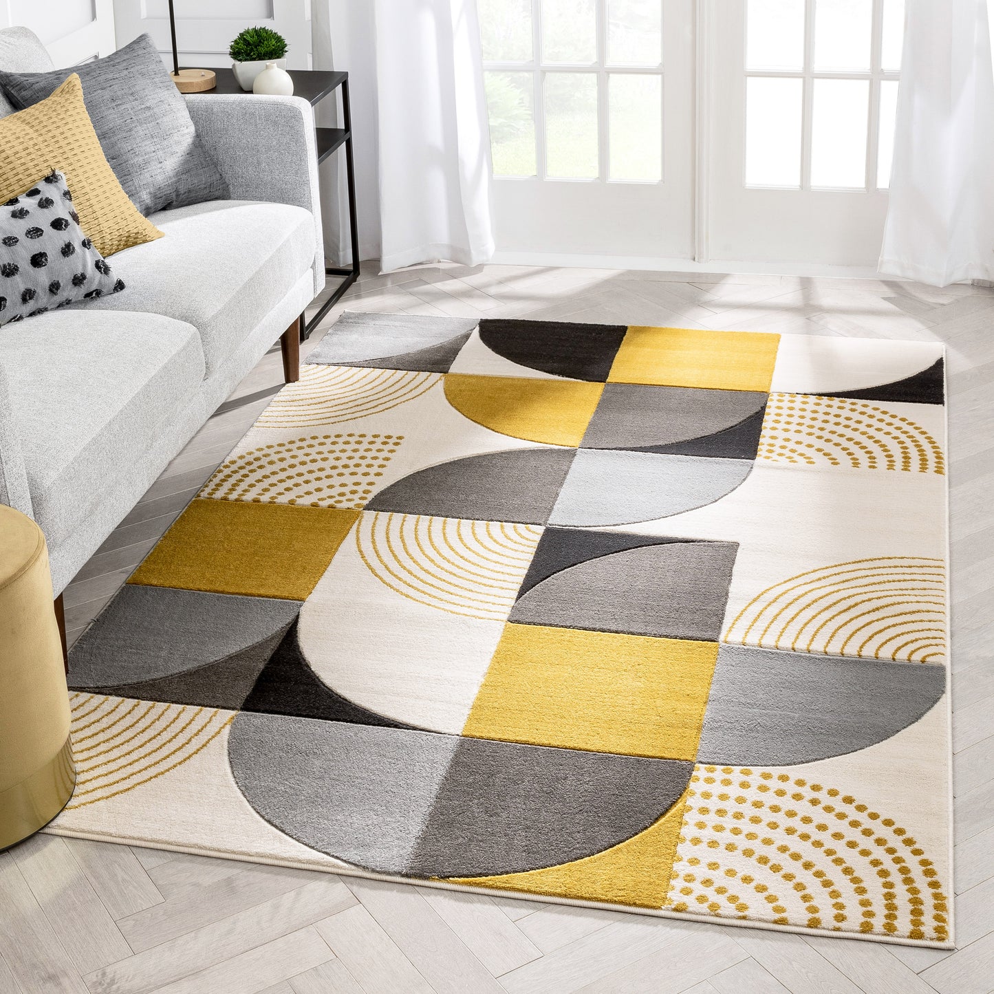 Margot Gold Modern Geometric Boxes Lines 3D Textured Rug GV-01