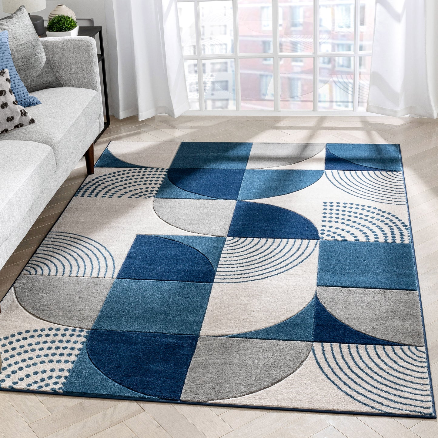 Margot Blue Modern Geometric Boxes Lines 3D Textured Rug GV-04
