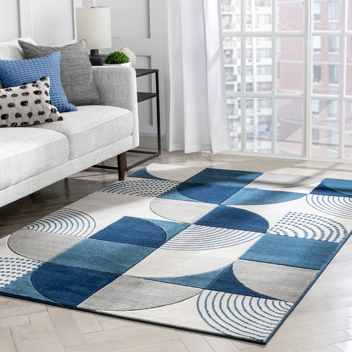 Margot Blue Modern Geometric Boxes Lines 3D Textured Rug GV-04