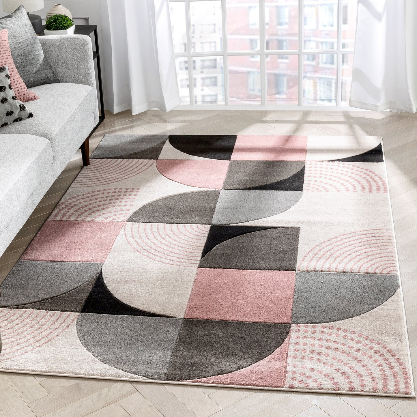 Margot Blush Pink Modern Geometric Boxes Lines 3D Textured Rug GV-07