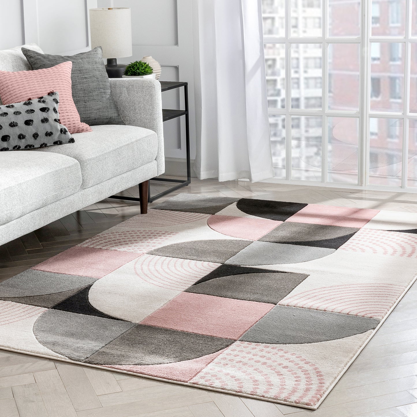 Margot Blush Pink Modern Geometric Boxes Lines 3D Textured Rug GV-07
