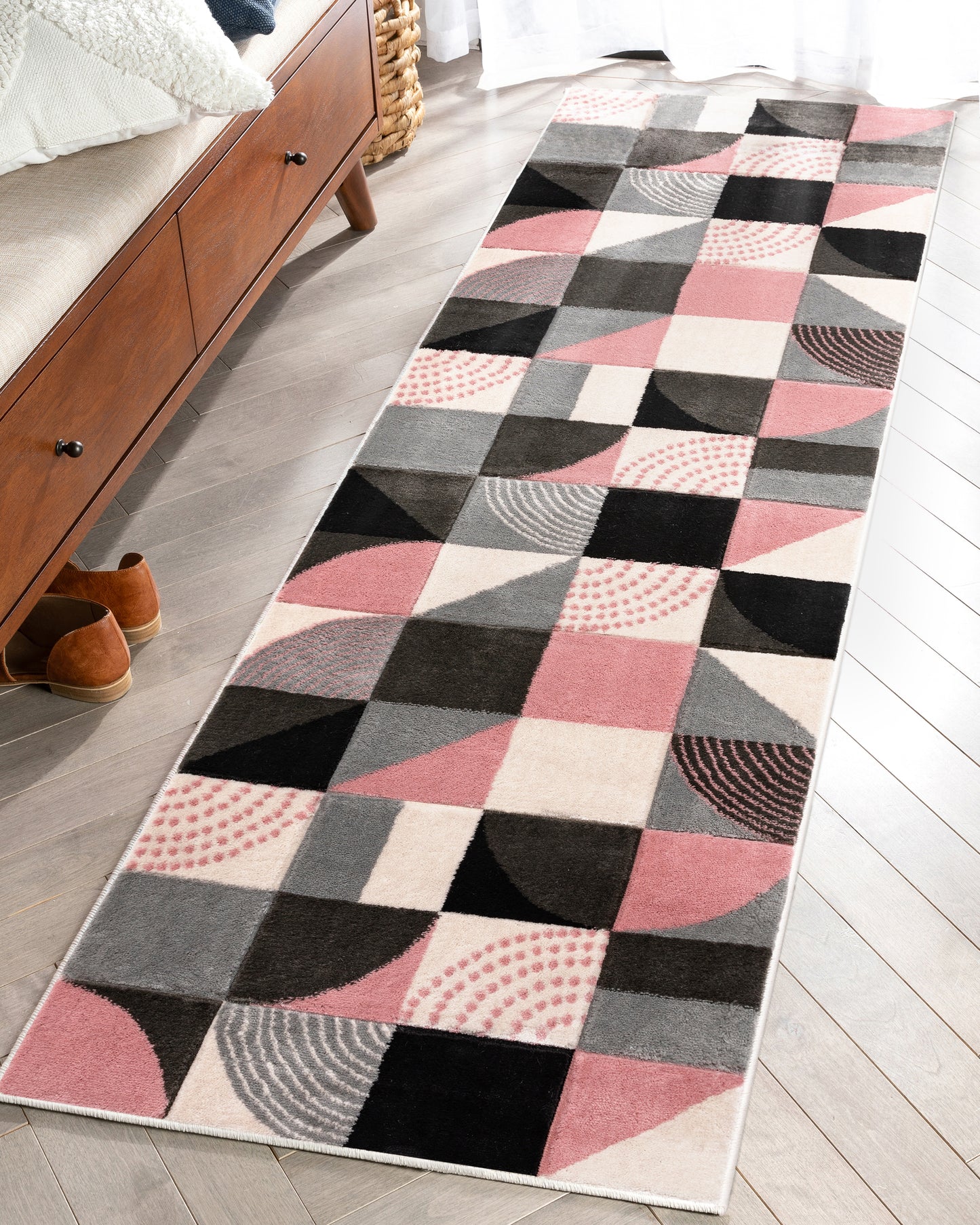 Margot Blush Pink Modern Geometric Boxes Lines 3D Textured Rug GV-07