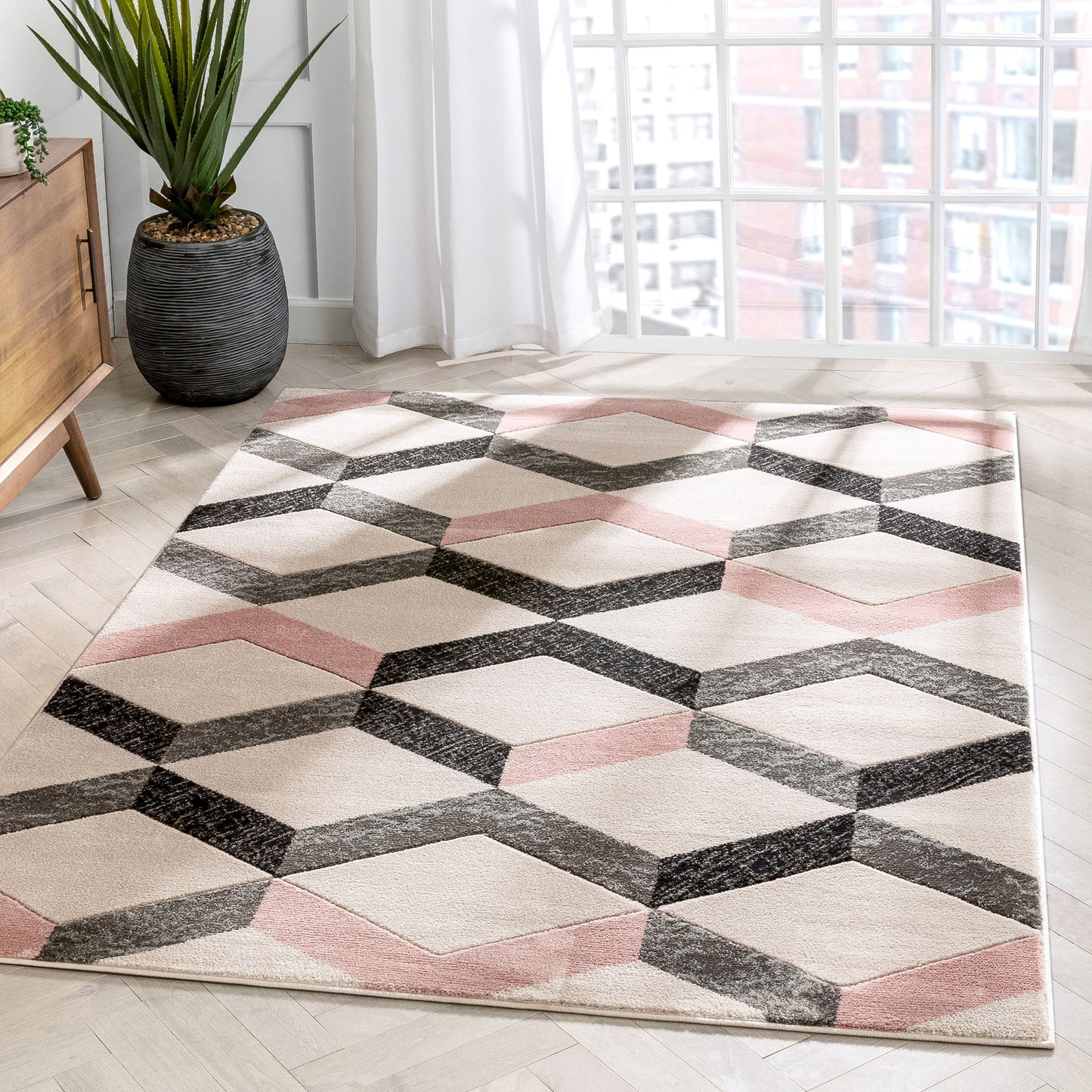 Millie Blush Pink Modern Zigzag Geometric 3D Textured Rug GV-17