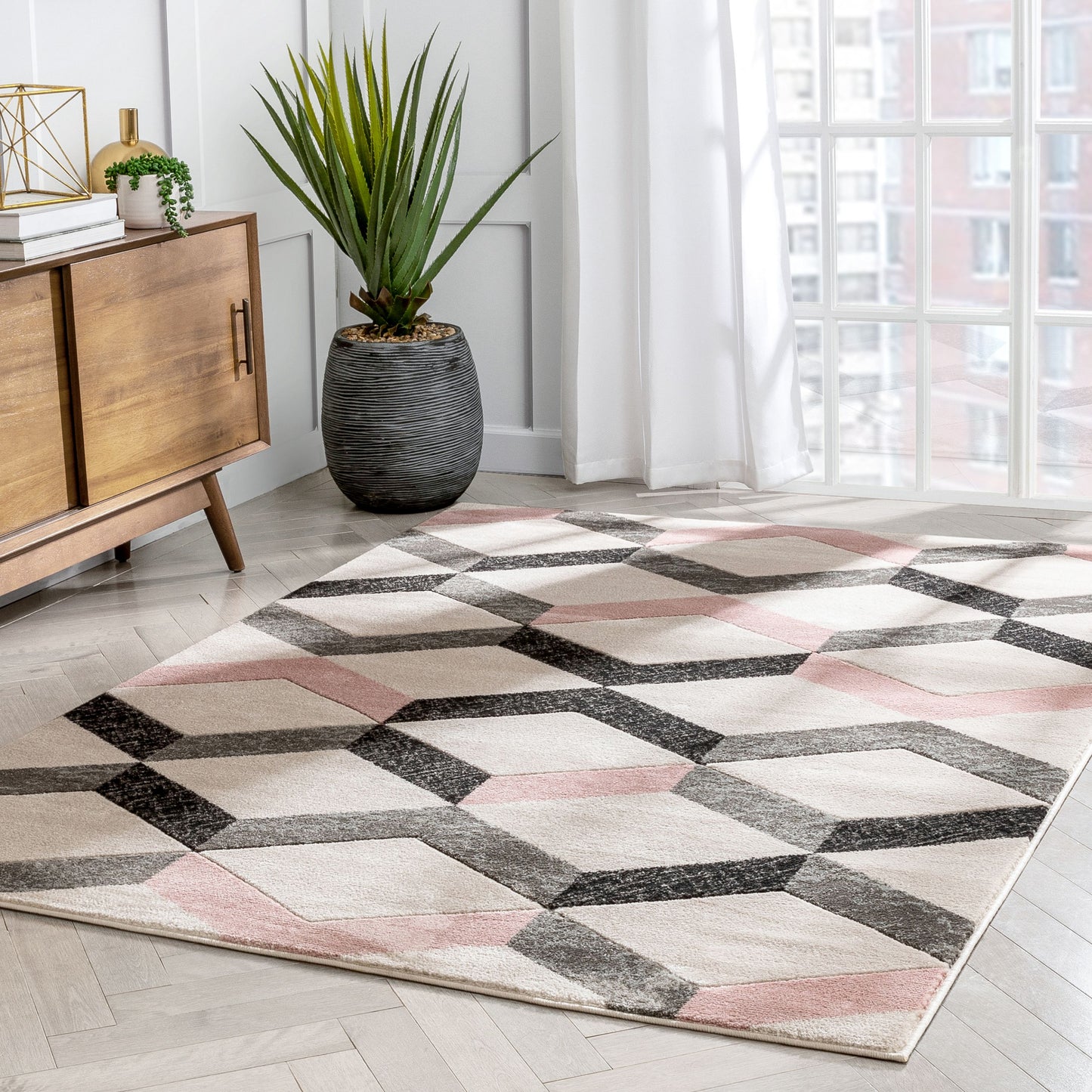 Millie Blush Pink Modern Zigzag Geometric 3D Textured Rug GV-17