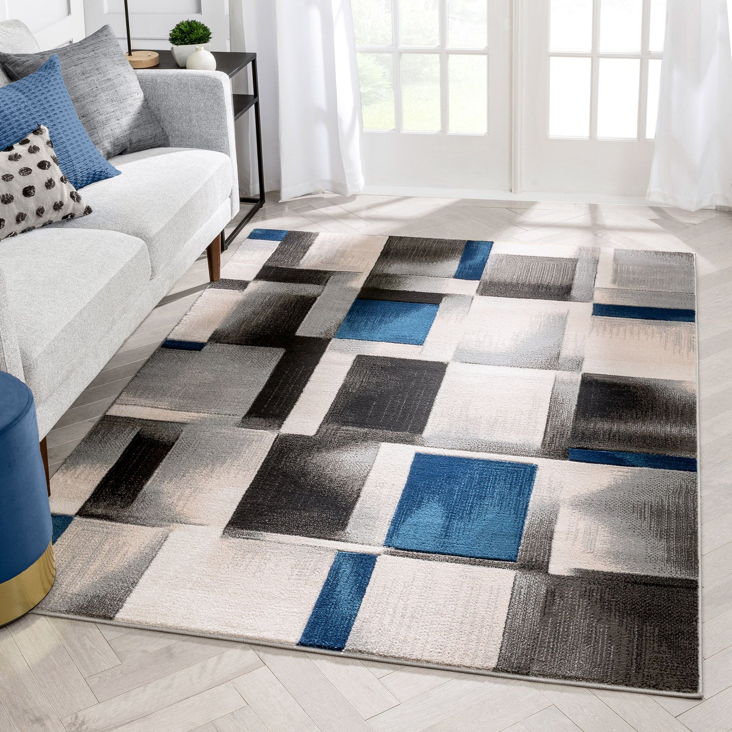 Louisa Blue Modern Geometric Boxes 3D Textured Rug GV-74