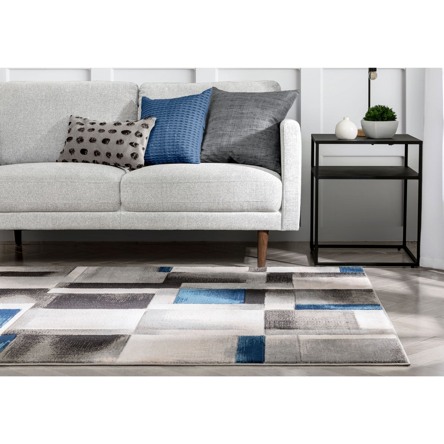 Louisa Blue Modern Geometric Boxes 3D Textured Rug GV-74