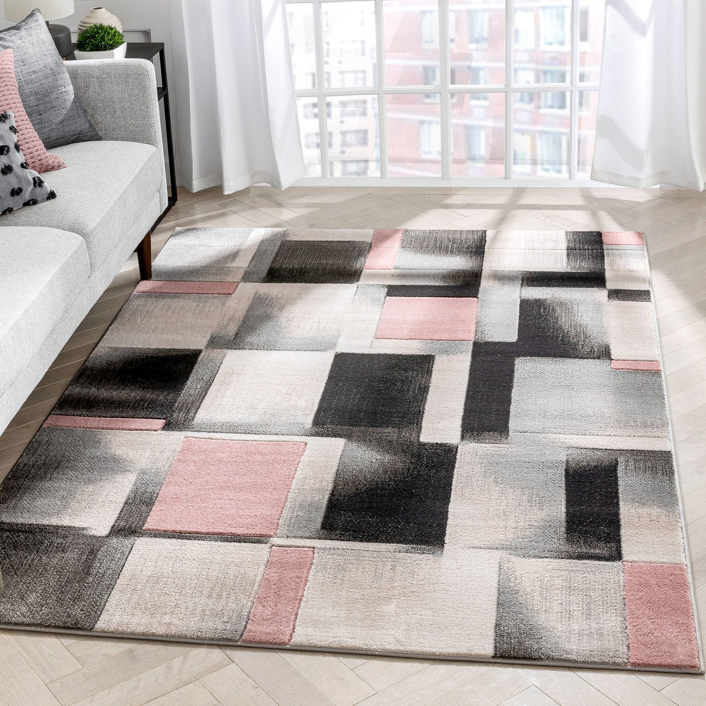 Louisa Blush Pink Modern Geometric Boxes 3D Textured Rug GV-77