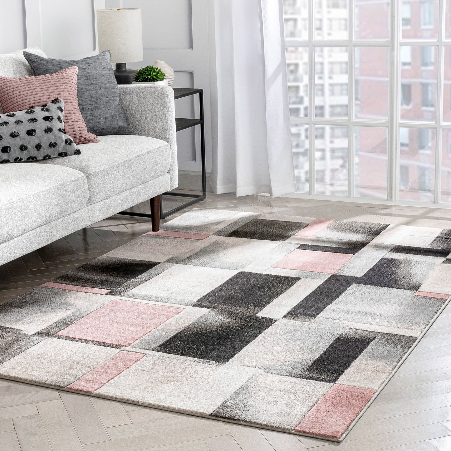 Louisa Blush Pink Modern Geometric Boxes 3D Textured Rug GV-77