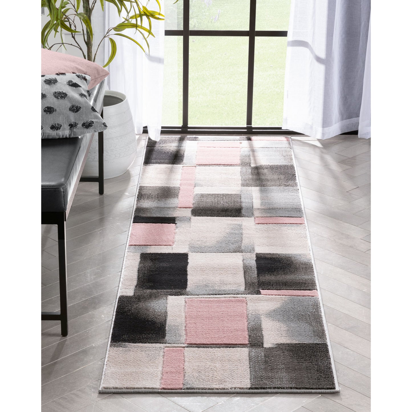 Louisa Blush Pink Modern Geometric Boxes 3D Textured Rug GV-77