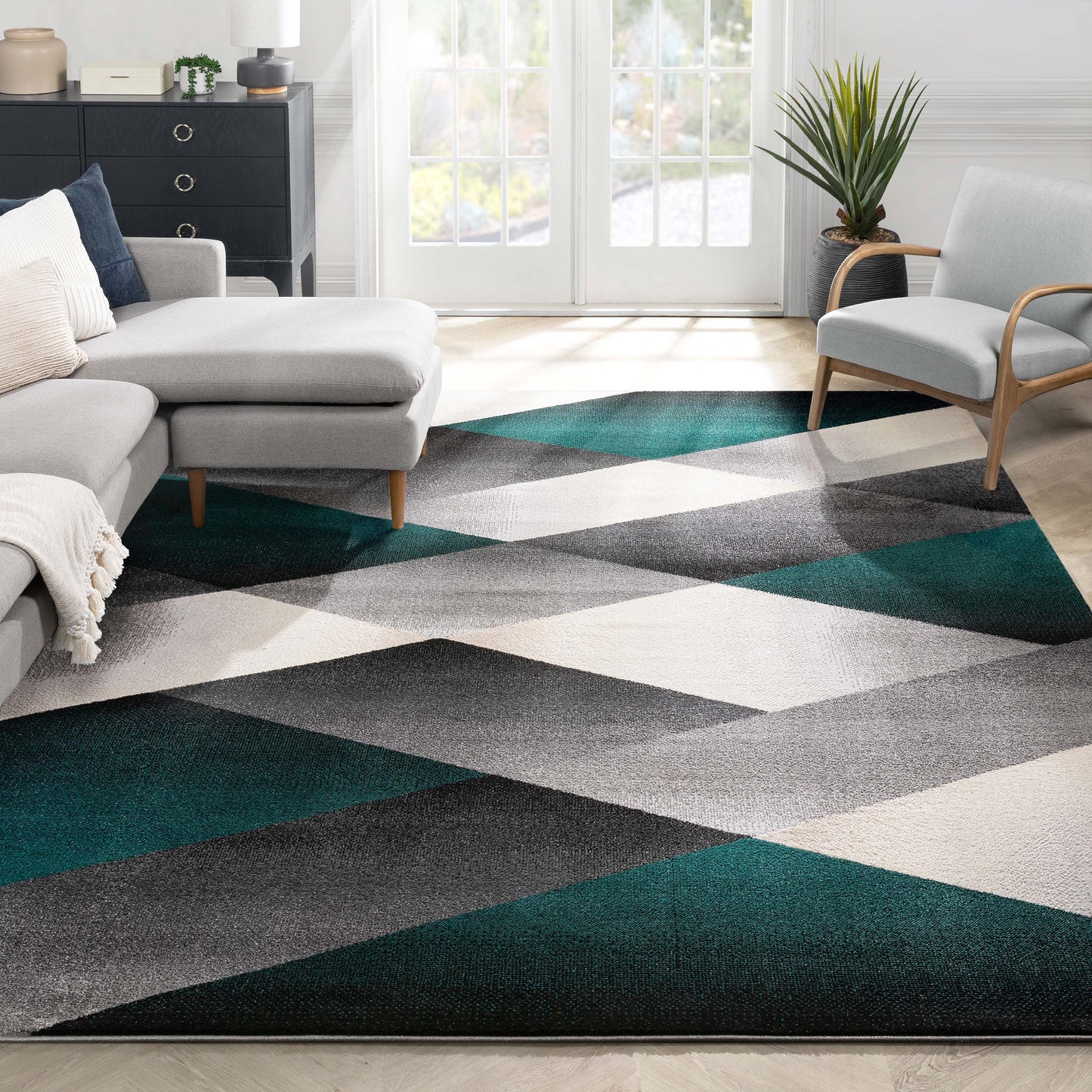 Salar Modern Geometric Grey Green High-Low Rug LEO-67