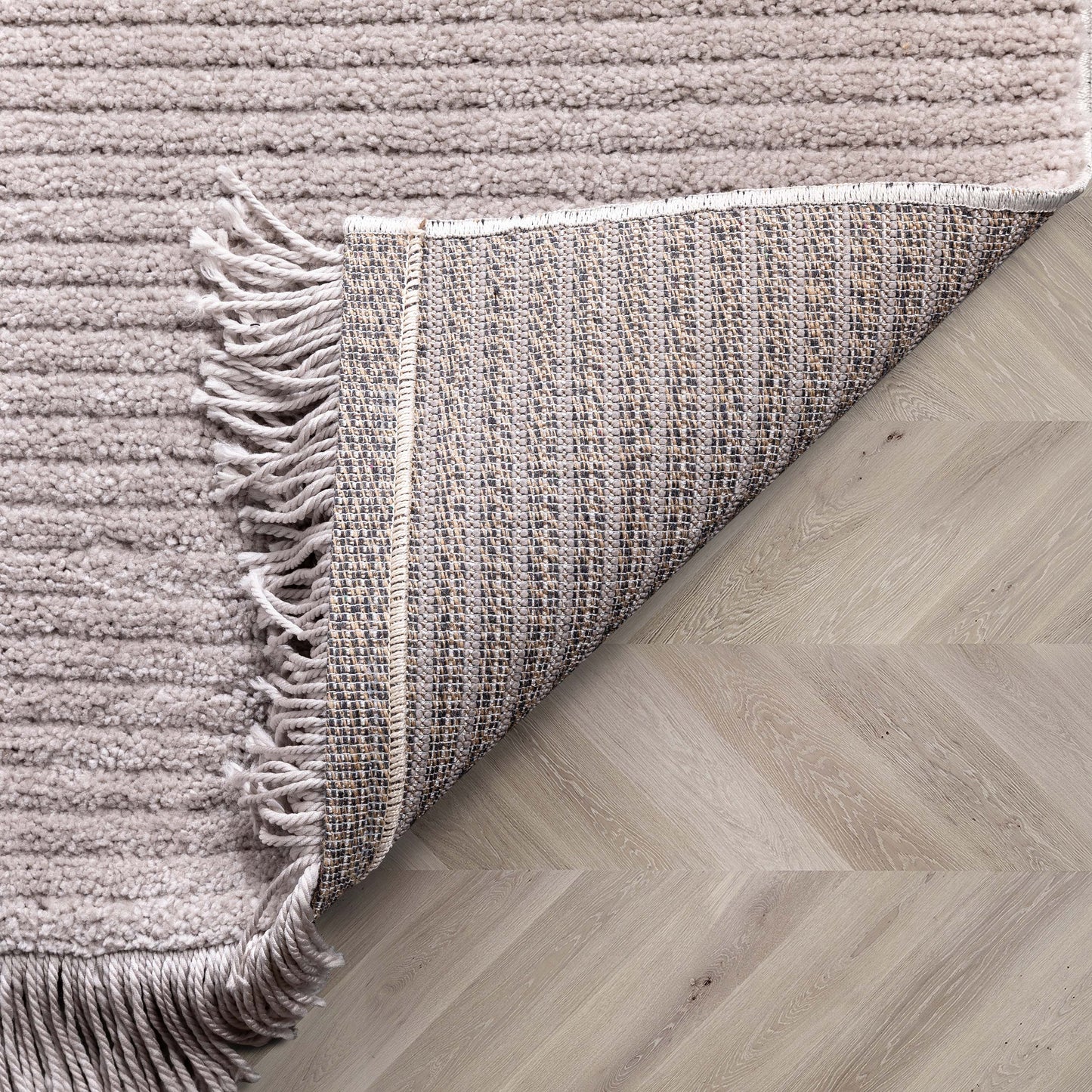 Carlow Solid & Striped Textured Taupe Ivory Ultra Soft High-Low Shag Rug MAI-22