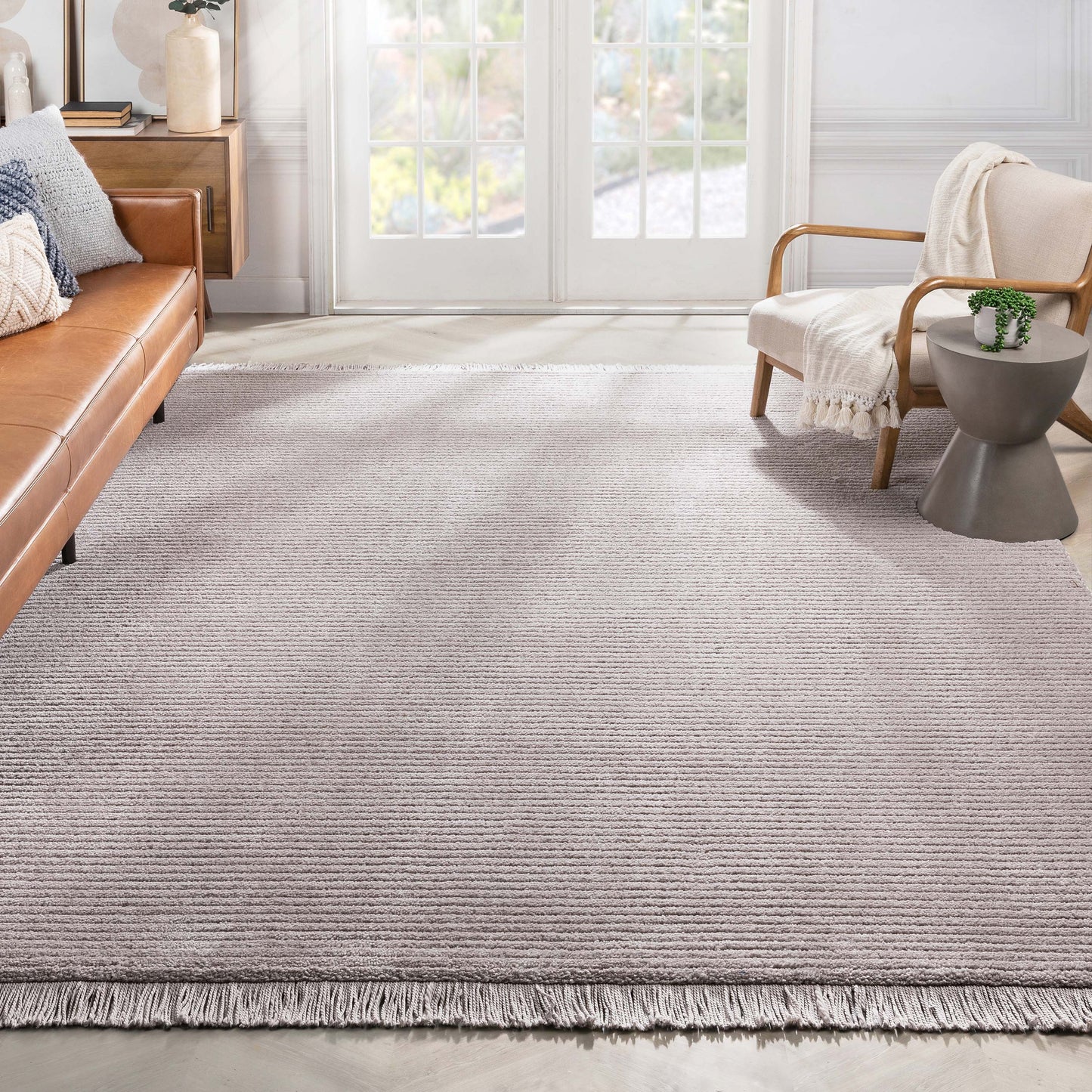 Carlow Solid & Striped Textured Taupe Ivory Ultra Soft High-Low Shag Rug MAI-22