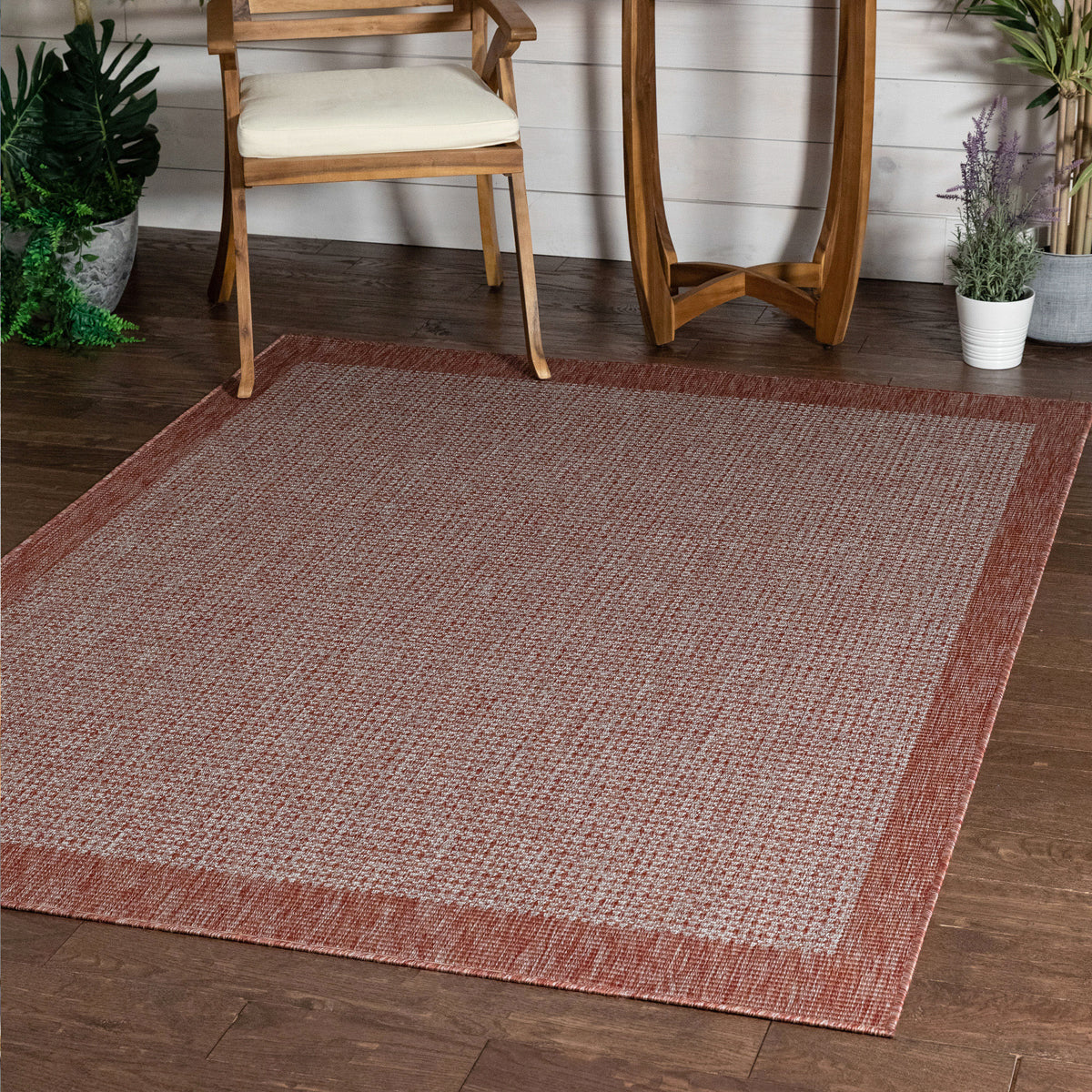 Odin Solid & Striped Border Indoor Outdoor Coral Flatweave Rug MED-30