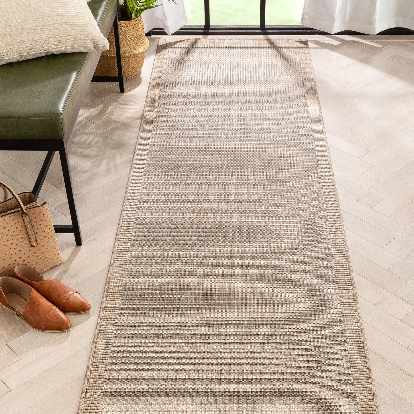 Odin Solid & Striped Border Indoor Outdoor Ivory Flatweave Rug MED-32