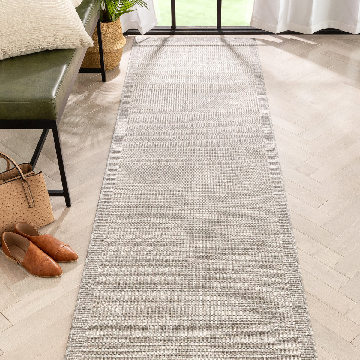 Odin Solid & Striped Border Indoor Outdoor Grey Ivory Flatweave Rug MED-37