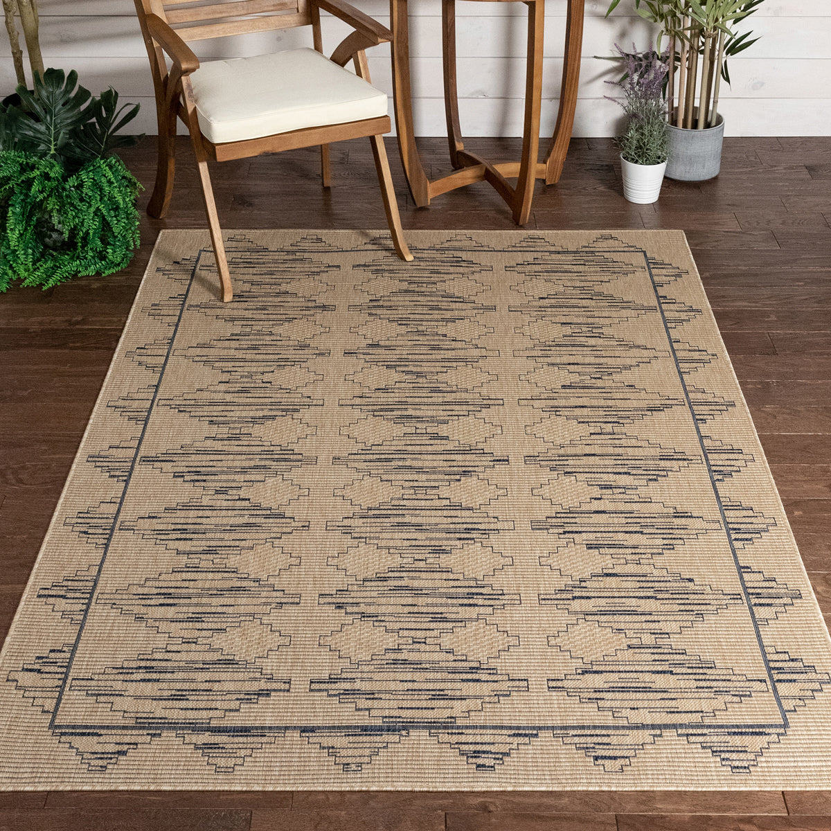 Vidar Trellis Diamond Pattern Indoor Outdoor Blue Beige Flatweave Rug MED-44
