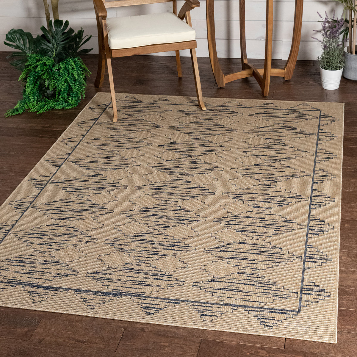 Vidar Trellis Diamond Pattern Indoor Outdoor Blue Beige Flatweave Rug MED-44