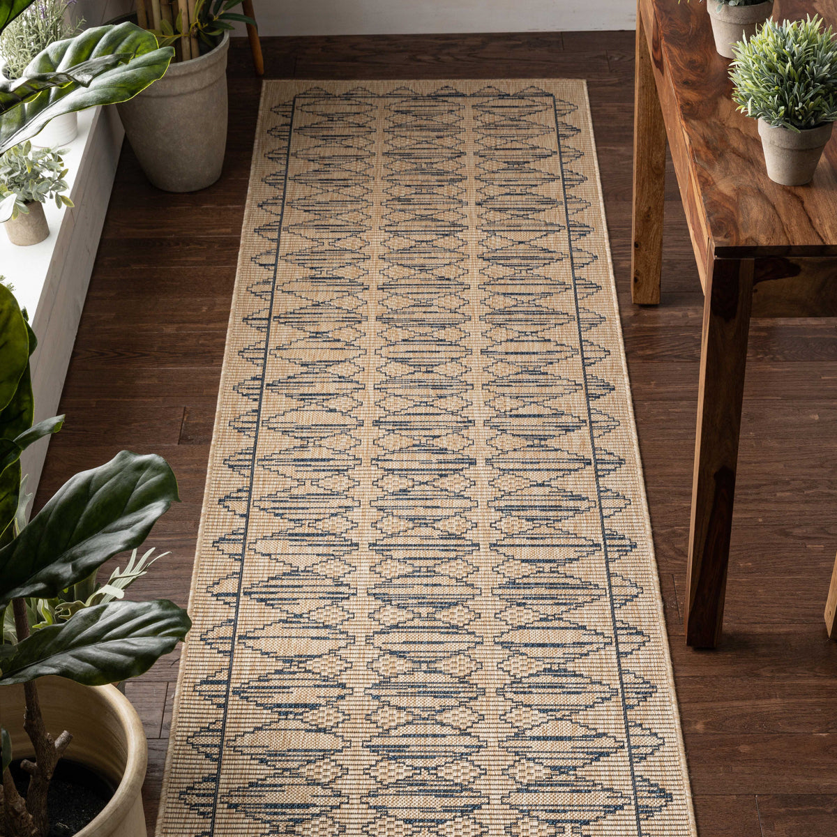 Vidar Trellis Diamond Pattern Indoor Outdoor Blue Beige Flatweave Rug MED-44
