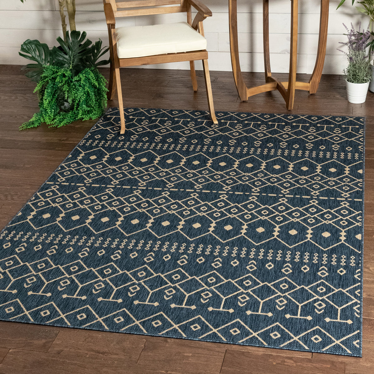 Nord Moroccan Tribal Indoor Outdoor Blue Flatweave Rug MED-54