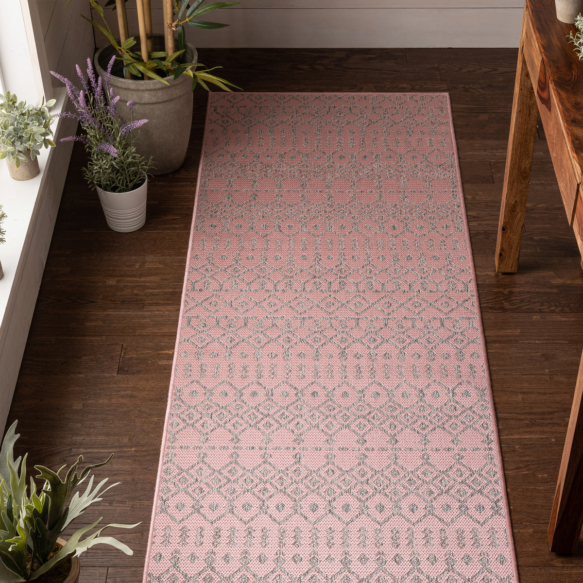 Nord Moroccan Tribal Indoor Outdoor Blush Flatweave Rug MED-59