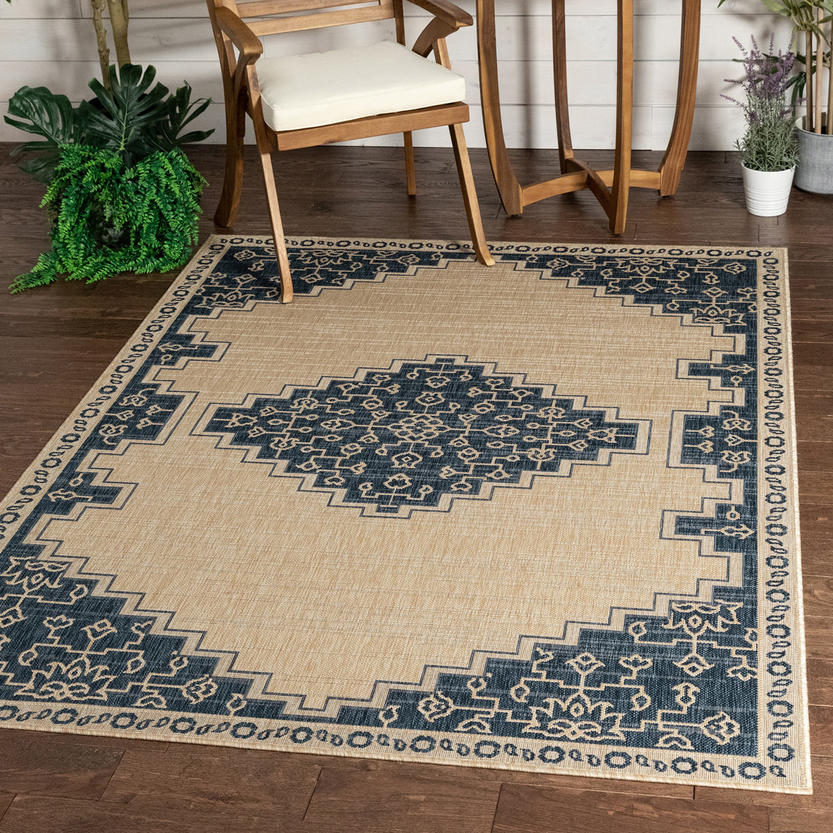 Mani Oriental Medallion Indoor Outdoor Blue Flatweave Rug MED-86