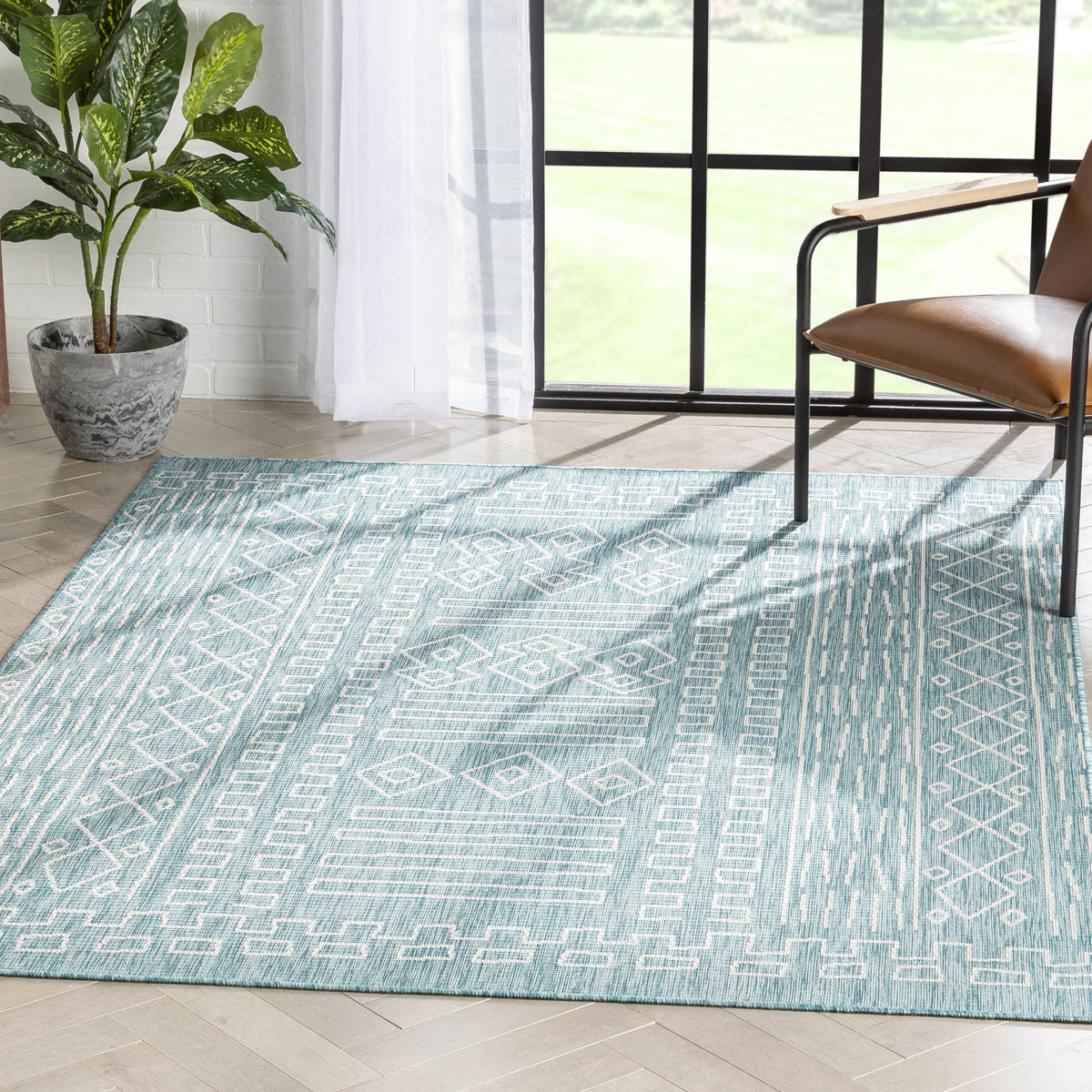 Anza Tribal Geometric Pattern Blue Flat-Weave Indoor/Outdoor Rug MIL-24