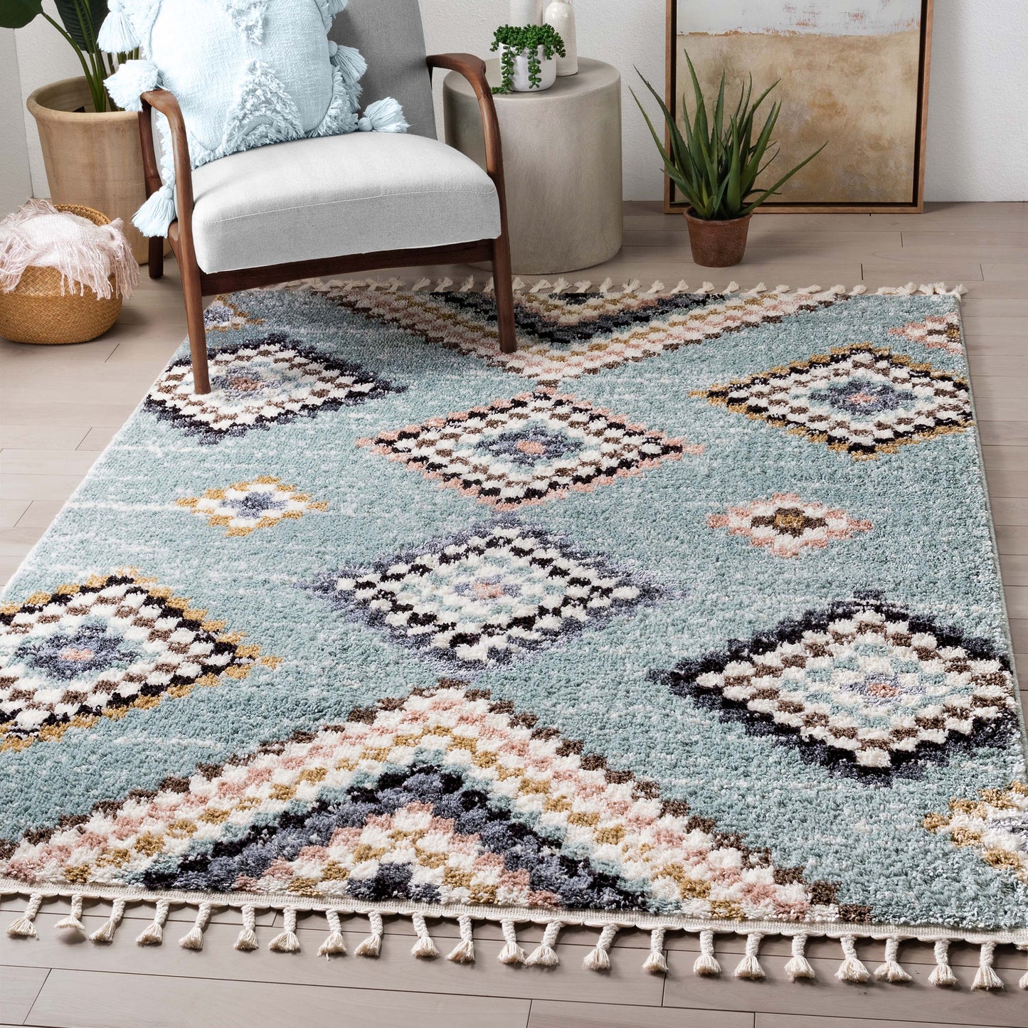 Sedna Vintage Moroccan Diamond Light Blue Shag Rug NAL-26