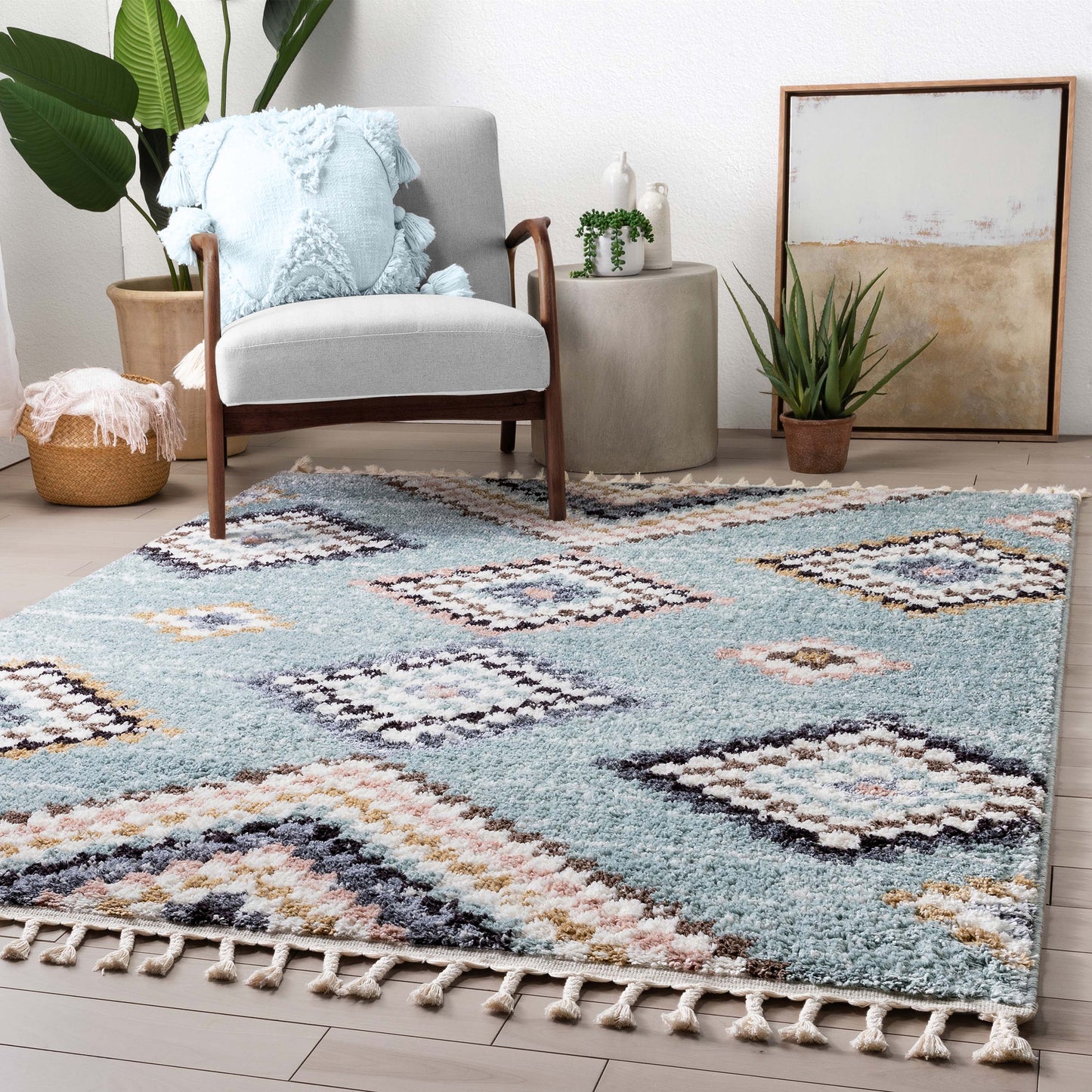 Sedna Vintage Moroccan Diamond Light Blue Shag Rug NAL-26