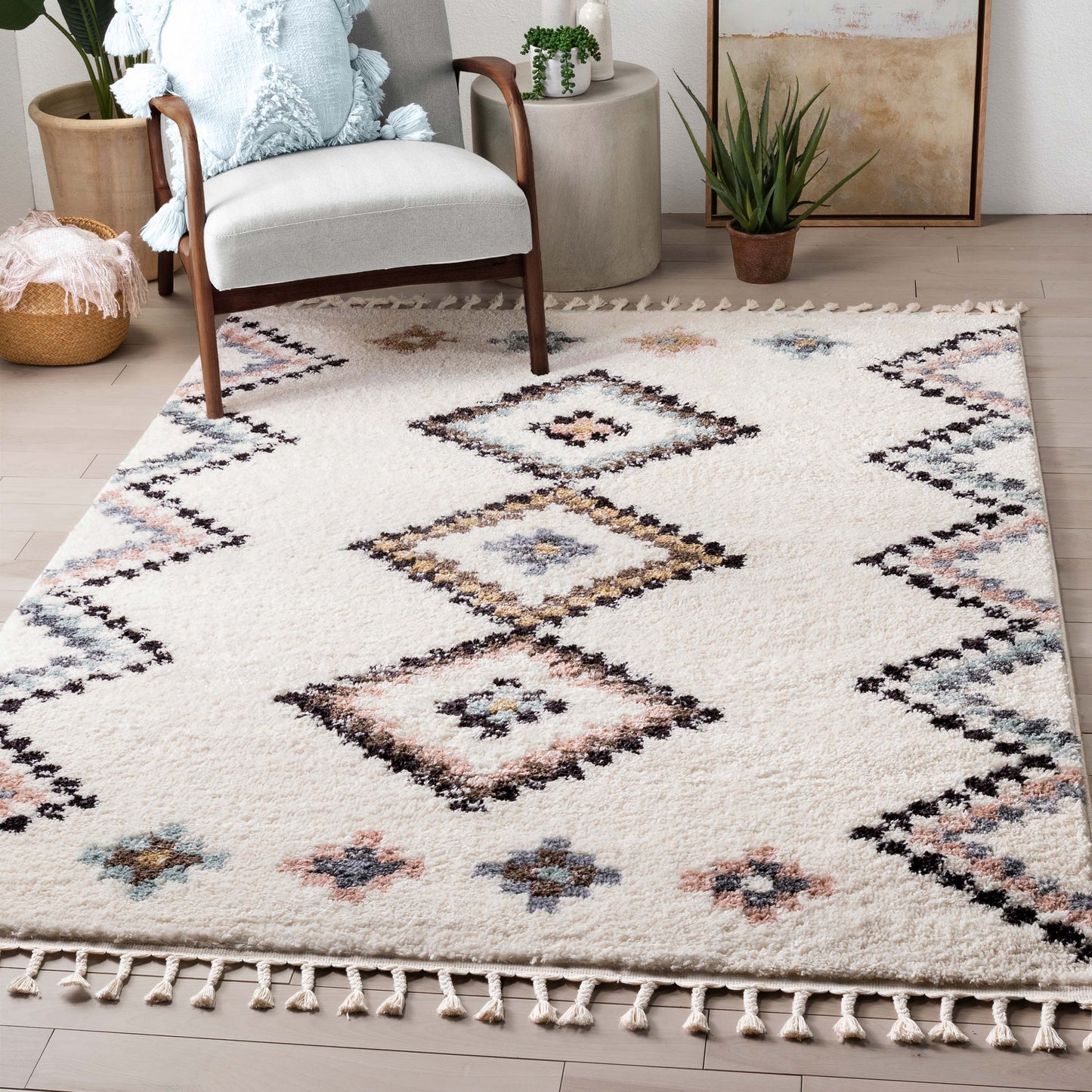 Moselle Vintage Moroccan Diamond Ivory Shag Rug NAL-32