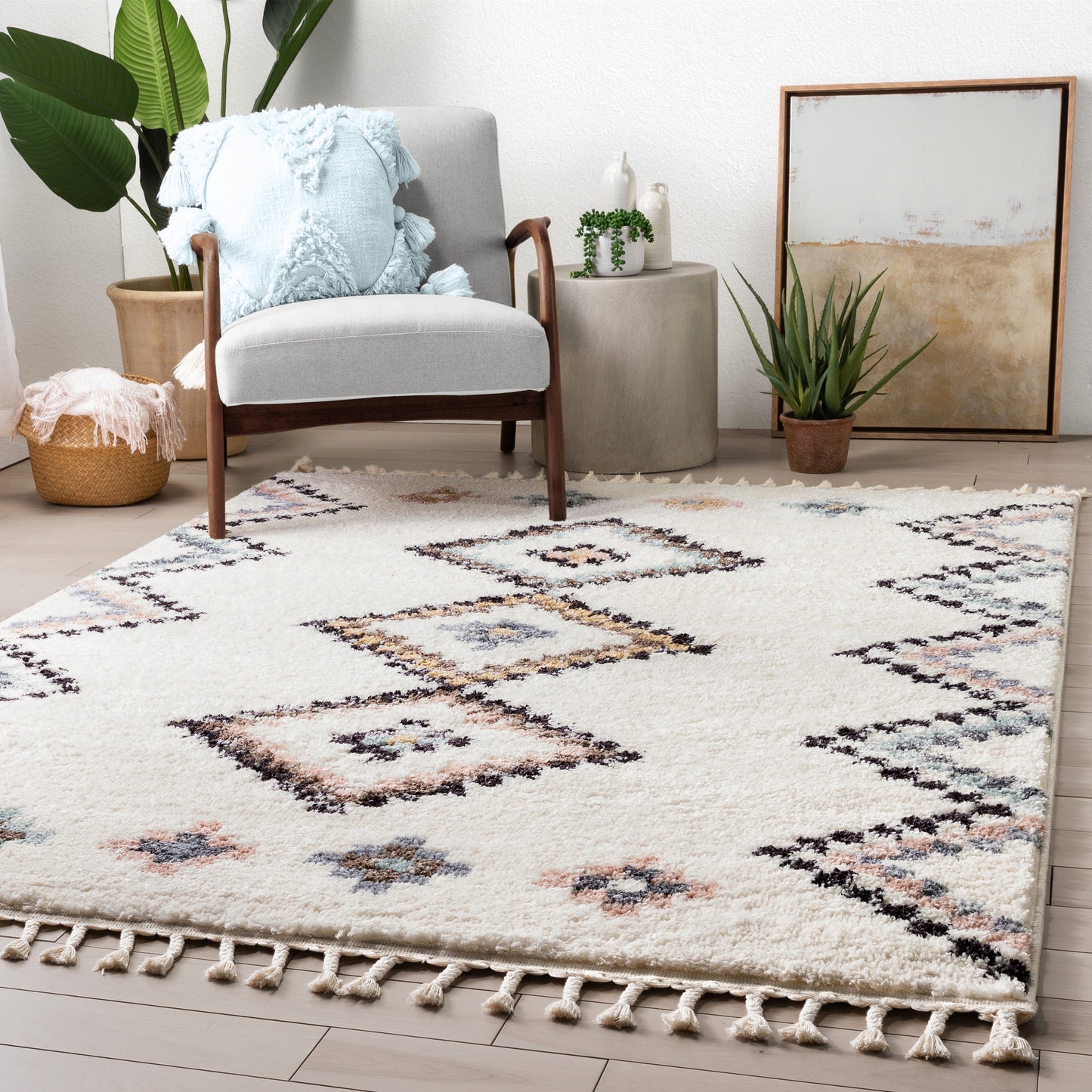 Moselle Vintage Moroccan Diamond Ivory Shag Rug NAL-32