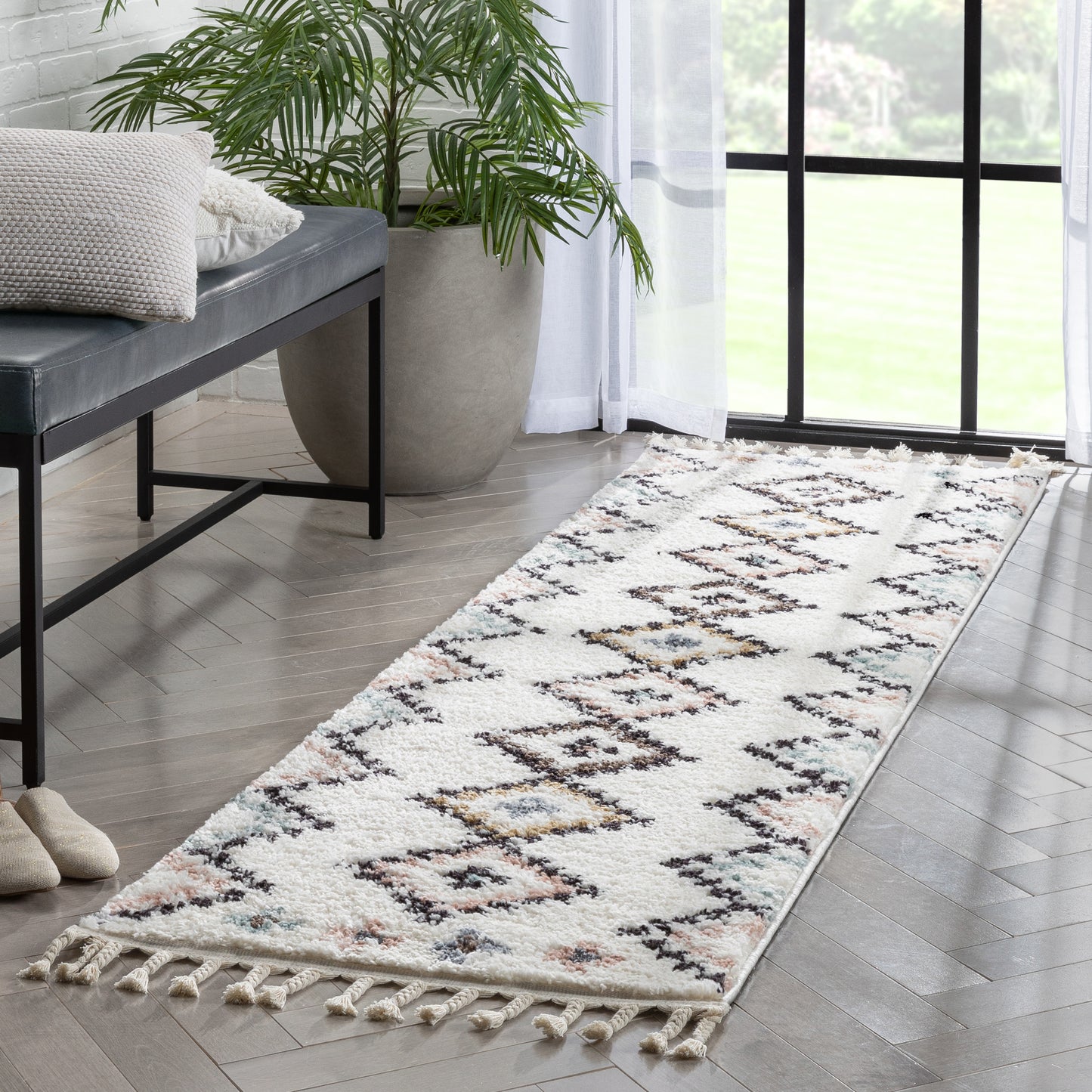 Moselle Vintage Moroccan Diamond Ivory Shag Rug NAL-32