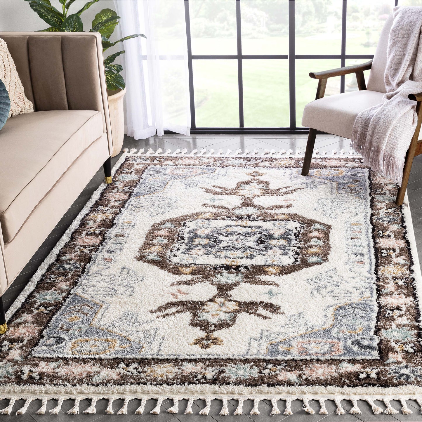 Rialta Vintage Medallion Oriental Brown Shag Rug NAL-58