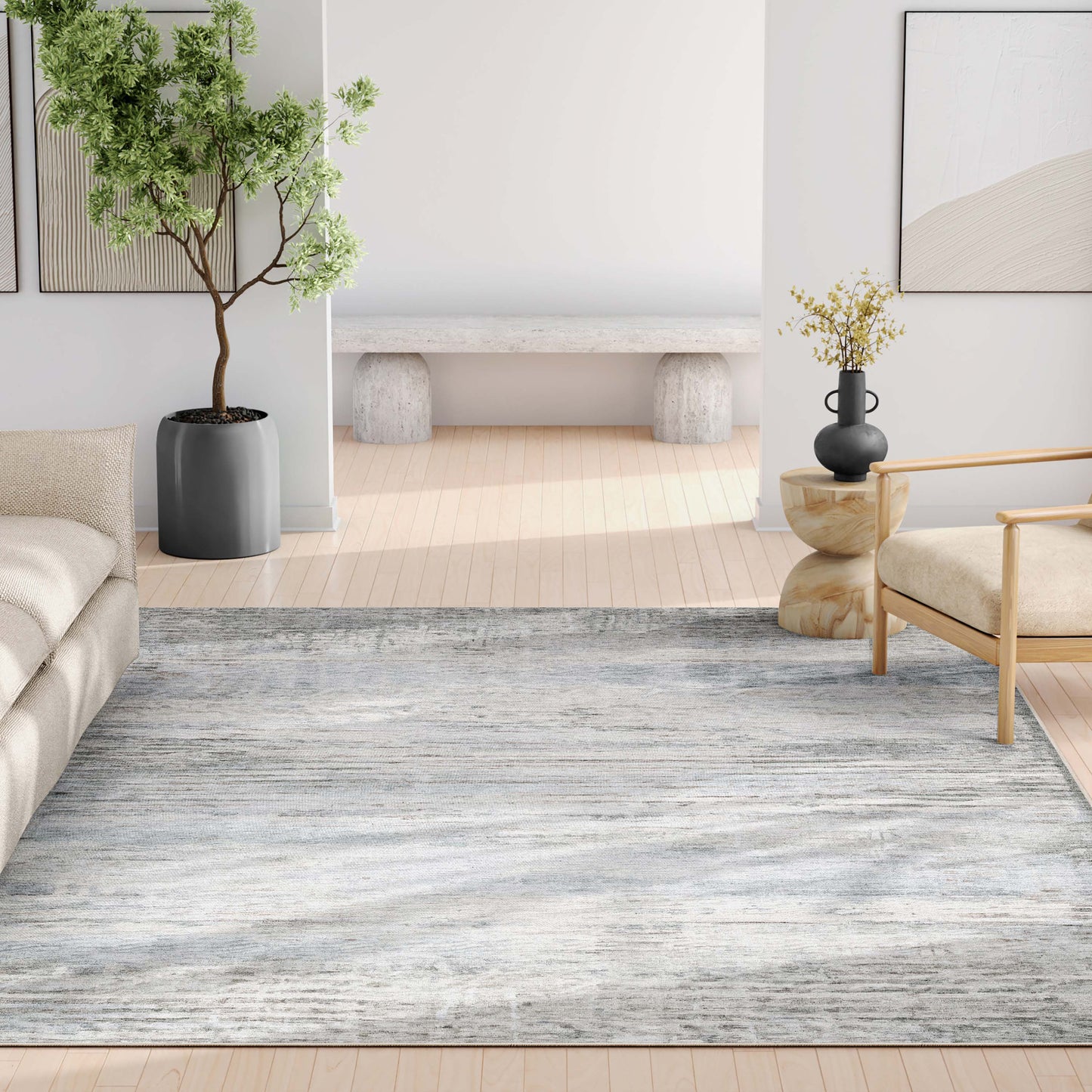Abstract Bauhaus Beige Blue Rug W-AB-26A