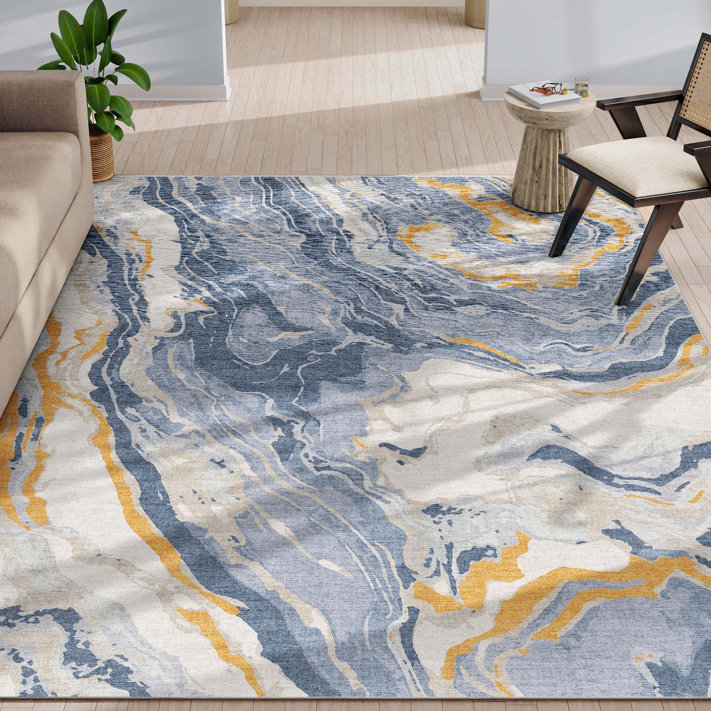 Abstract Harmony Blue Gold Rug W-AB-40A