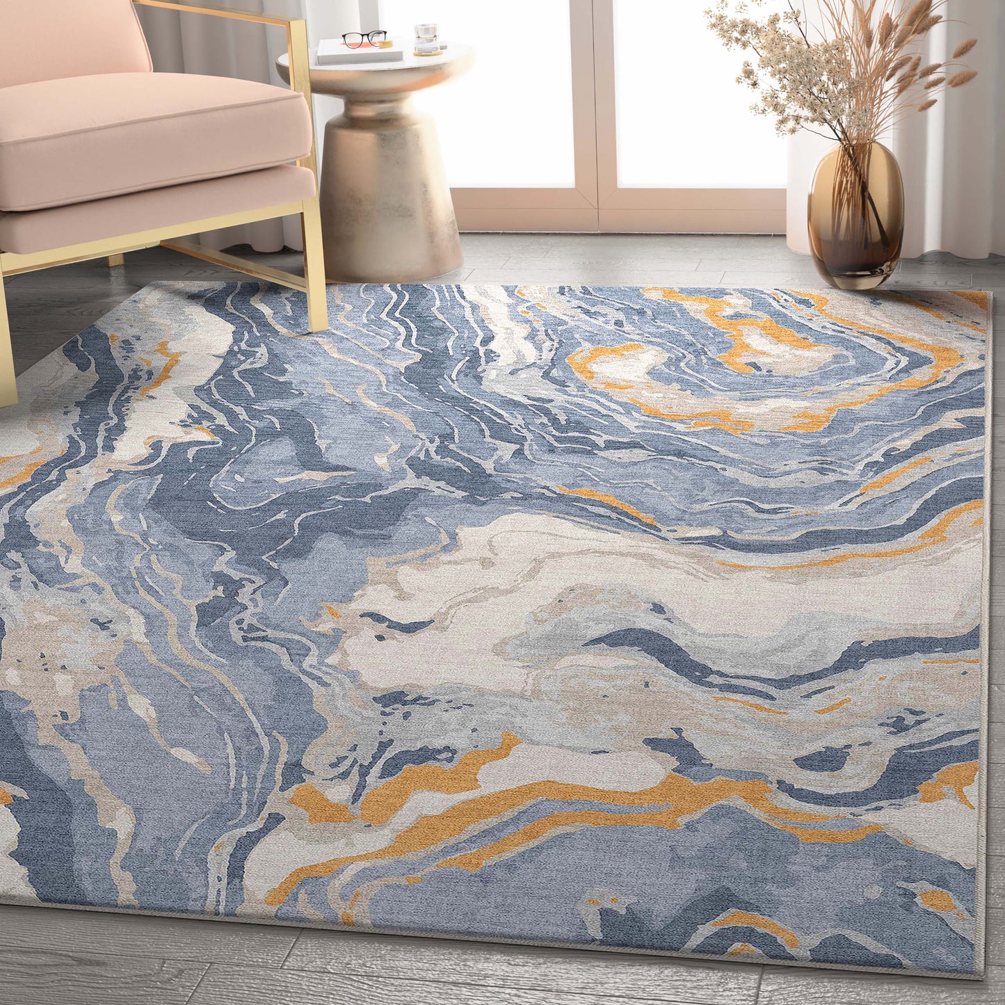 Abstract Harmony Blue Gold Rug W-AB-40A