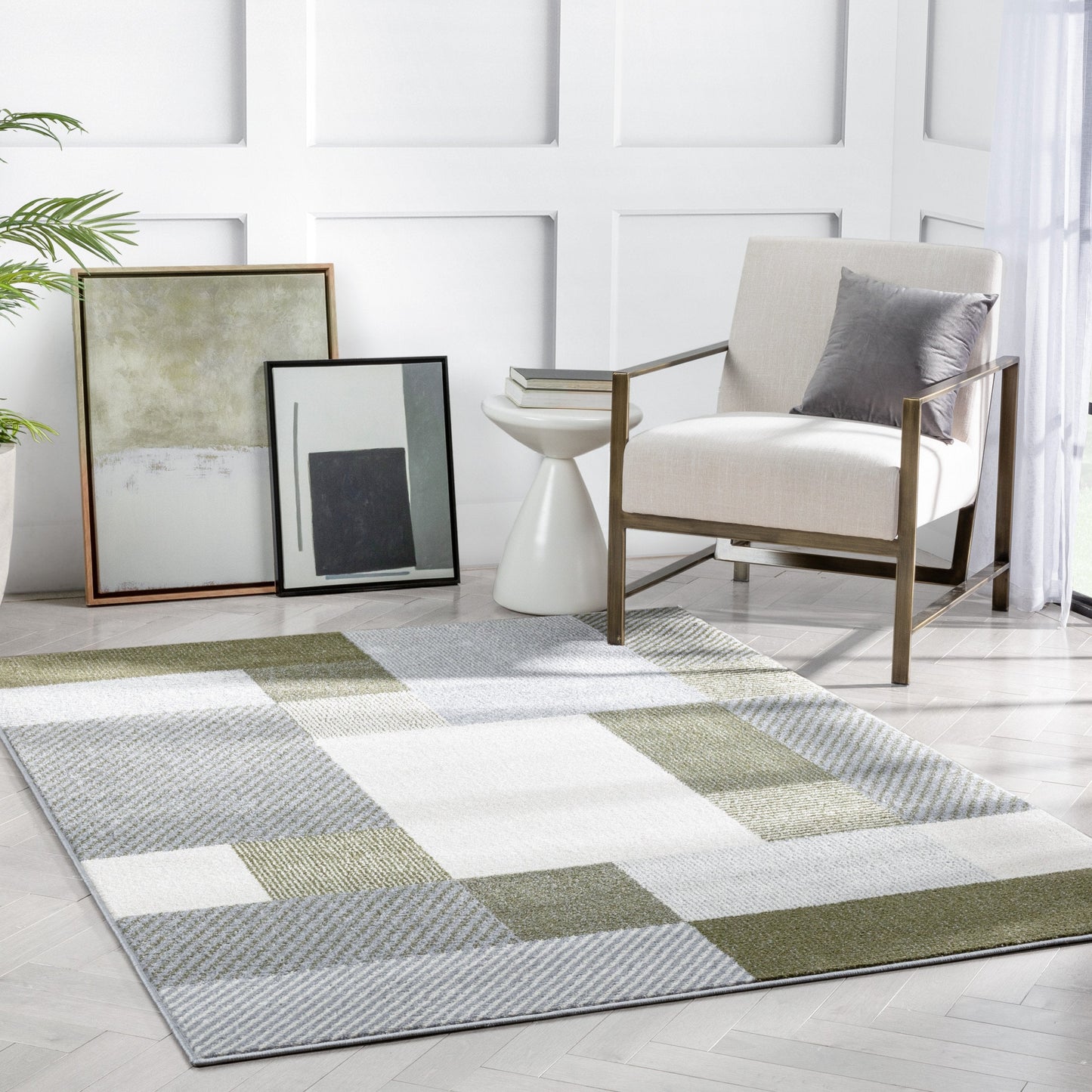Wilma Modern Geometric Squares Green Grey Rug 2905