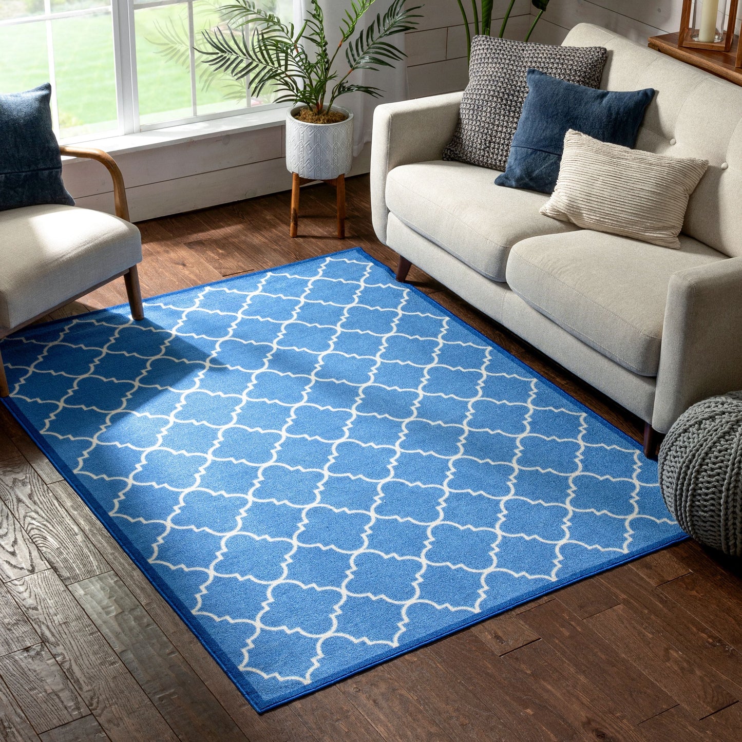 Brooklyn Trellis Blue Modern Non Slip Washable Rug 6516