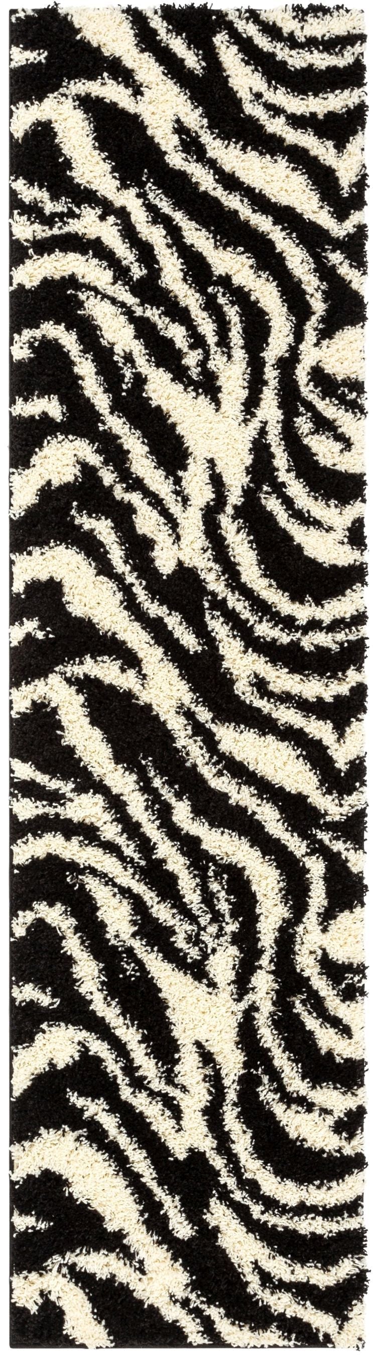 Safari Zebra Black Contemporary Shag Rug 7033