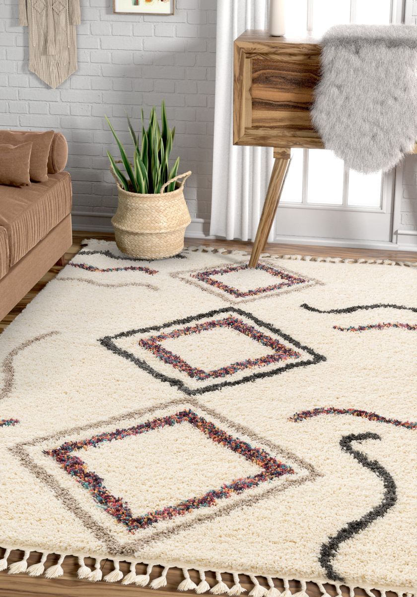 Demi Ivory Tribal Nomadic Diamond Shag Rug AA-02