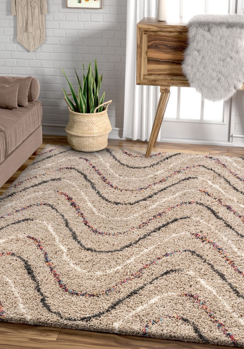 Macie Cream Abstract Wavy Stripes Shag Rug AA-12