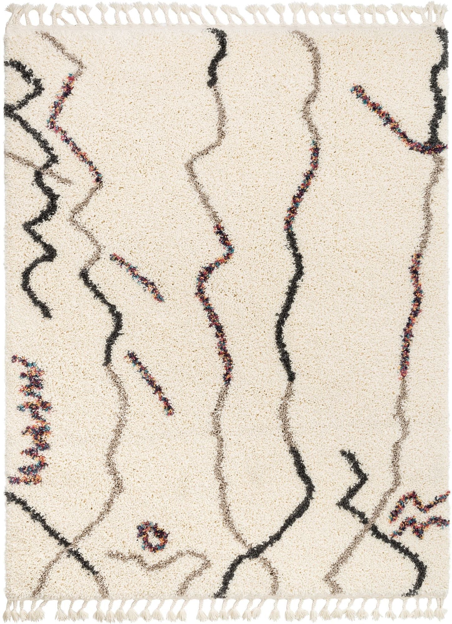Silvie Ivory Tribal Nomadic Stripes Shag Rug AA-22