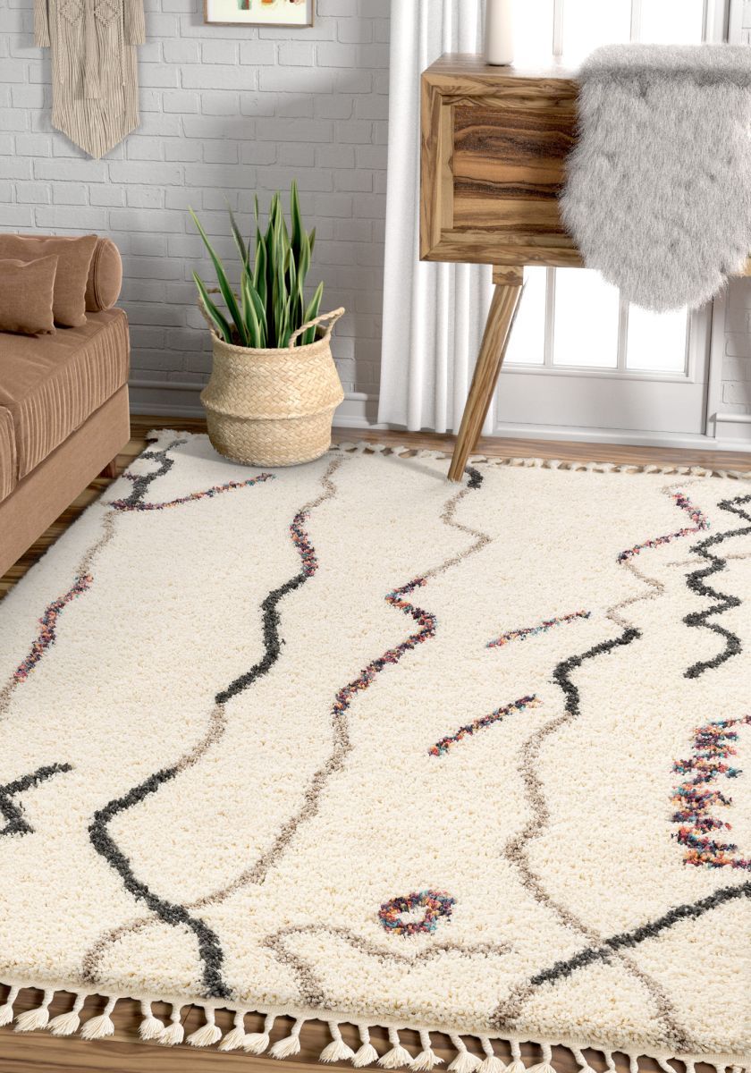 Silvie Ivory Tribal Nomadic Stripes Shag Rug AA-22