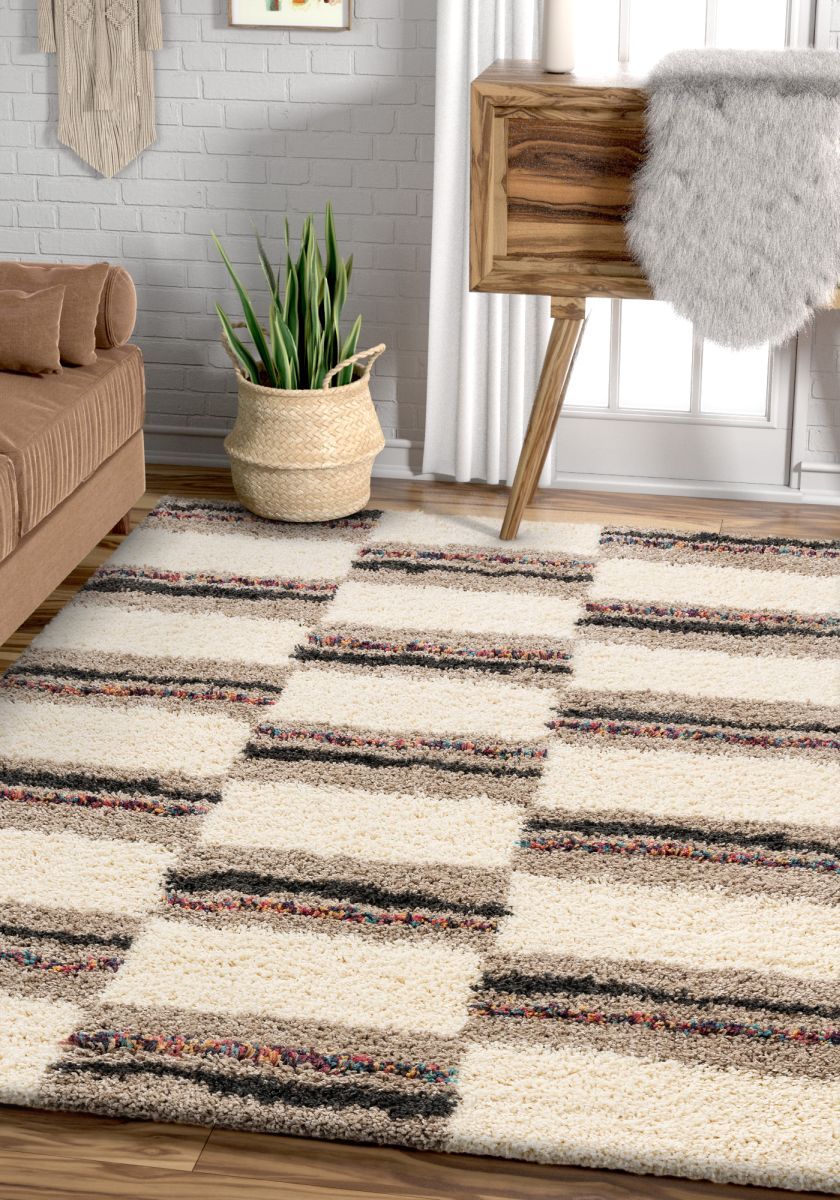 Claire Ivory Geometric Blocks Shag Rug AA-72