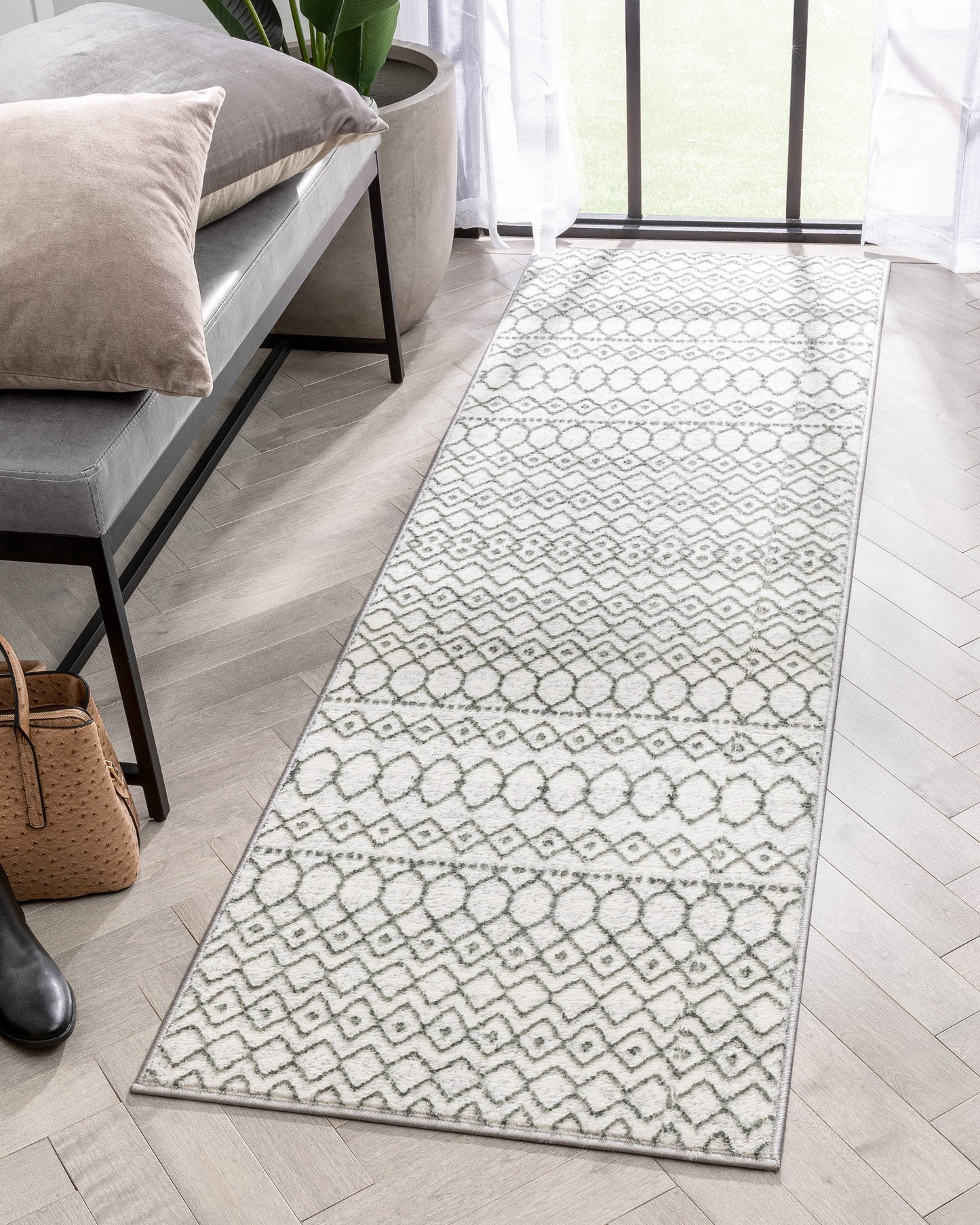 Hira Moroccan Trellis Geometric Ivory High-Low Rug ANT-12