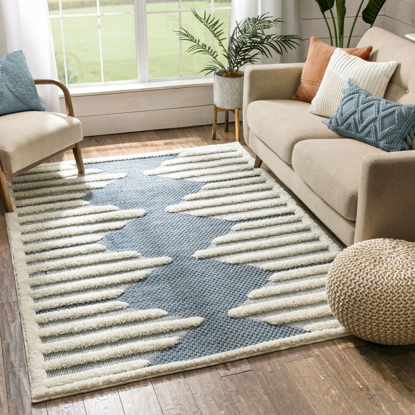 Luna Tribal Moroccan Diamond Pattern Blue High-Low Flat-Weave Rug BG-54-